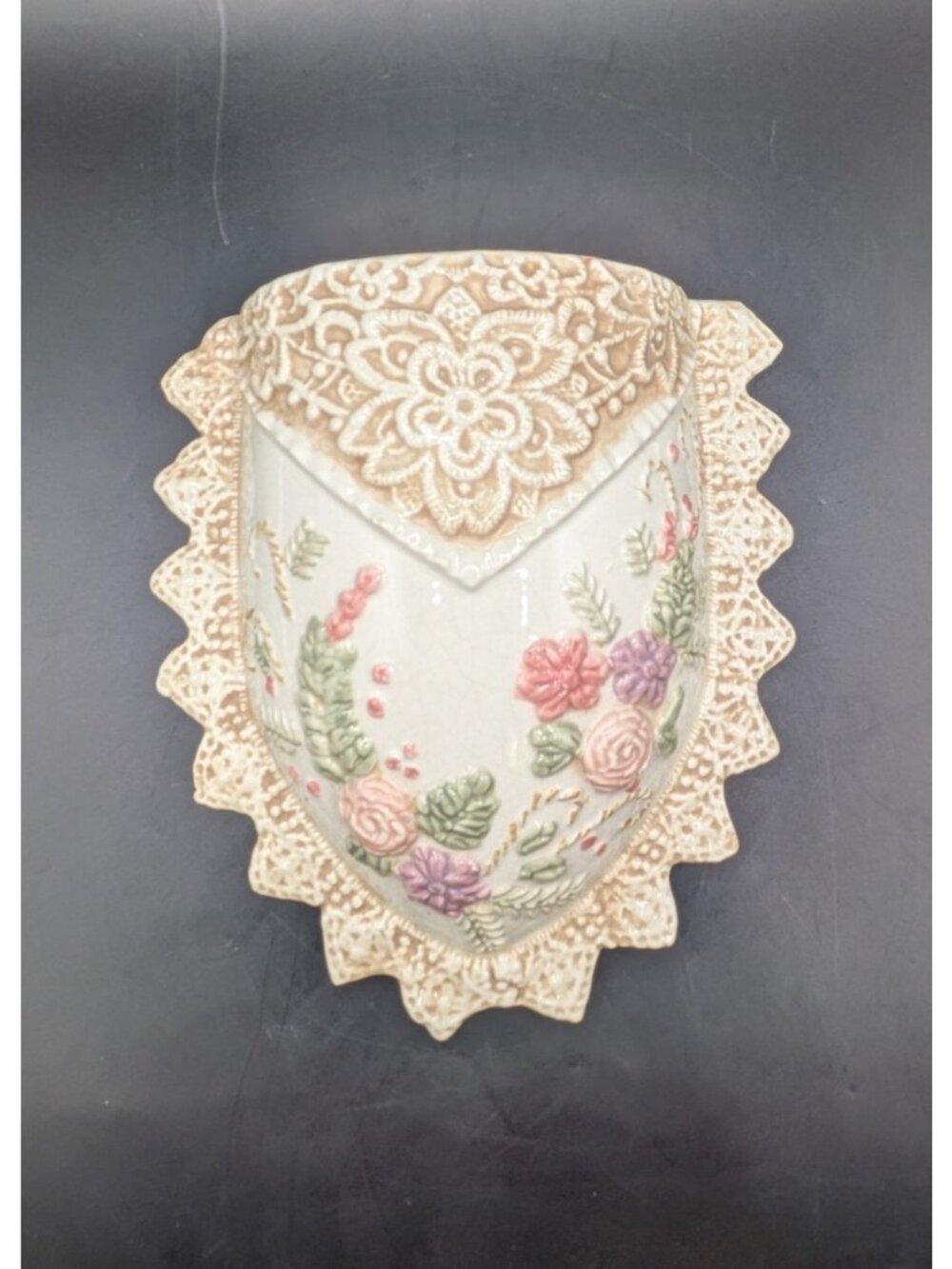 Vintage Victorian Style Ceramic Floral Lace Wall Pocket Vase Pastels on Ivory 8"